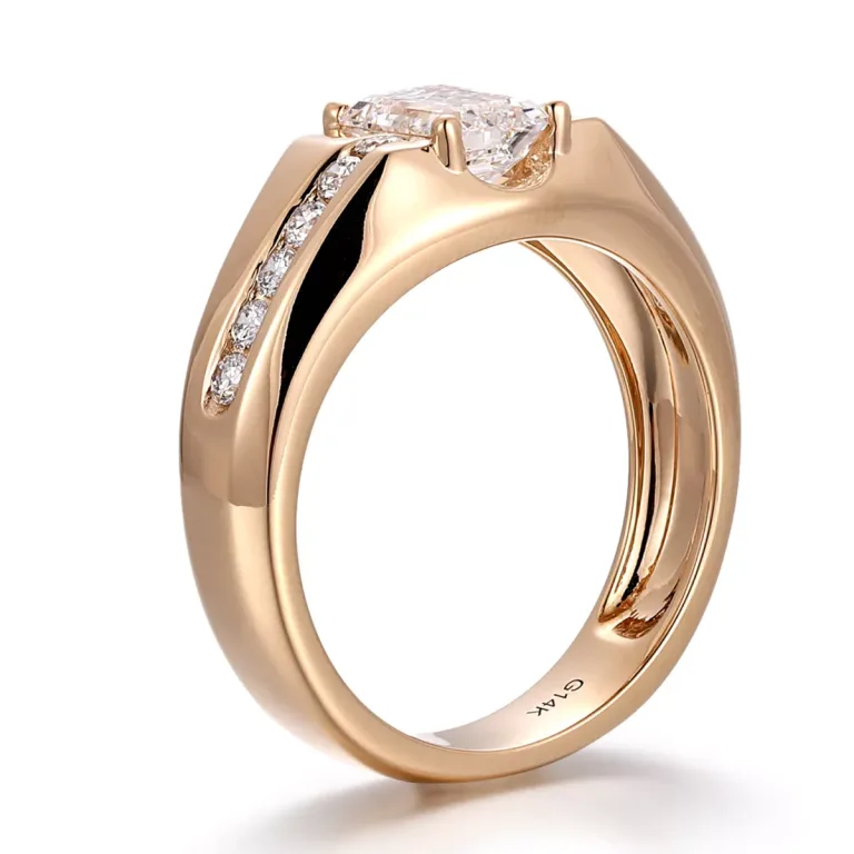 Emerald Cut Moissanite Ring with Channel Set Round Accents