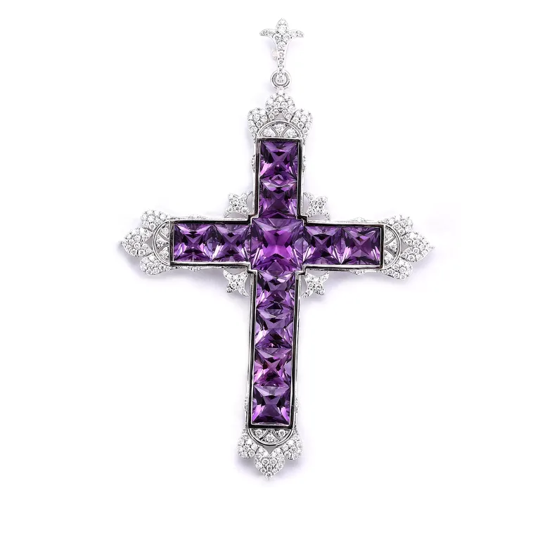 Ornate Princess Cut Purple Lab Gemstone Cross Pendant with Moissanite Accents