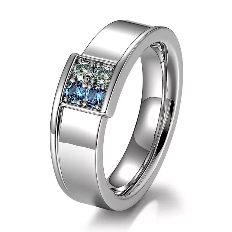Modern Wide Band Ring Featuring Four Green and Blue Moissanites