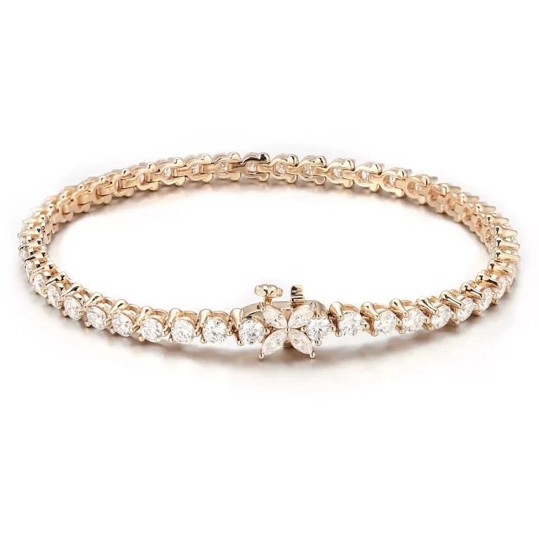 Classic Round Moissanite Tennis Bracelet Featuring Marquise Cut Floral Clasp