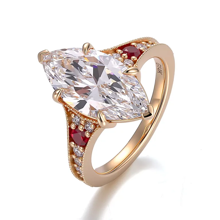 Marquise and Round Cut Moissanite Vintage Ring Lab Ruby Accents