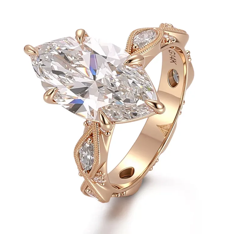 Marquise Cut Moissanite Vintage Ring Nature Inspired Leaf Setting