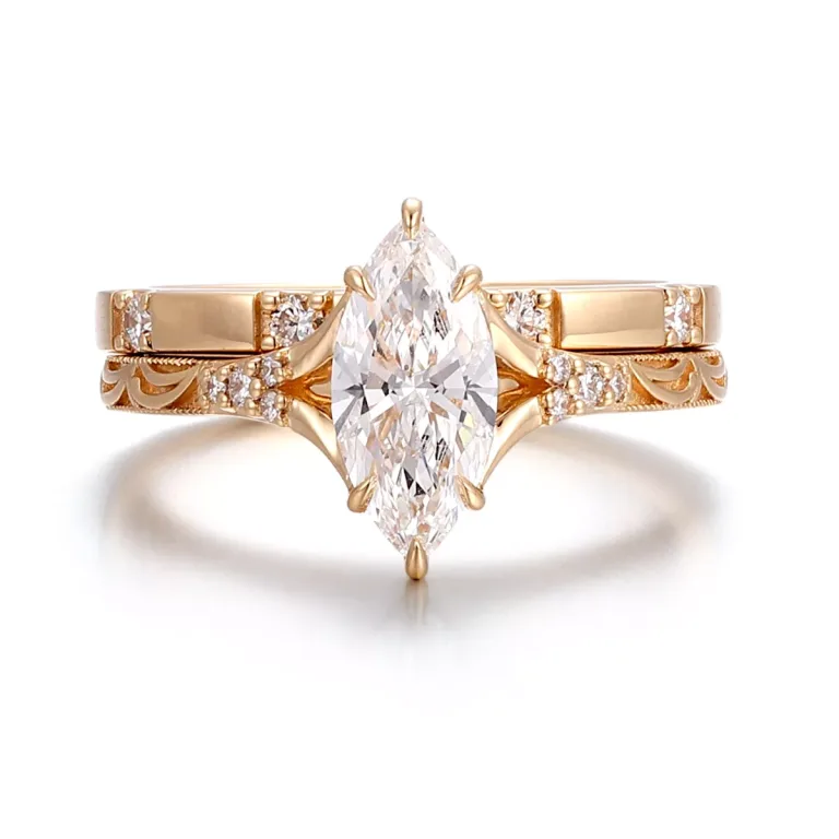 Marquise and Round Cut Moissanite Stacking Ring Vintage Art Deco Band