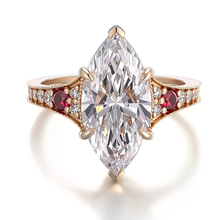 Marquise and Round Cut Moissanite Vintage Ring Lab Ruby Accents