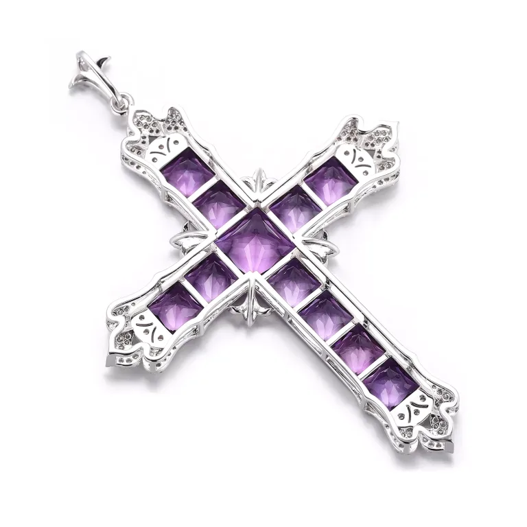 Ornate Princess Cut Purple Lab Gemstone Cross Pendant with Moissanite Accents