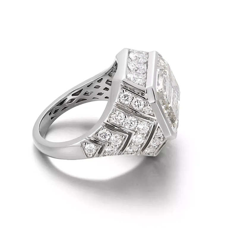 Emerald and Round Cut Moissanite Ring Wide Band Architectural Style