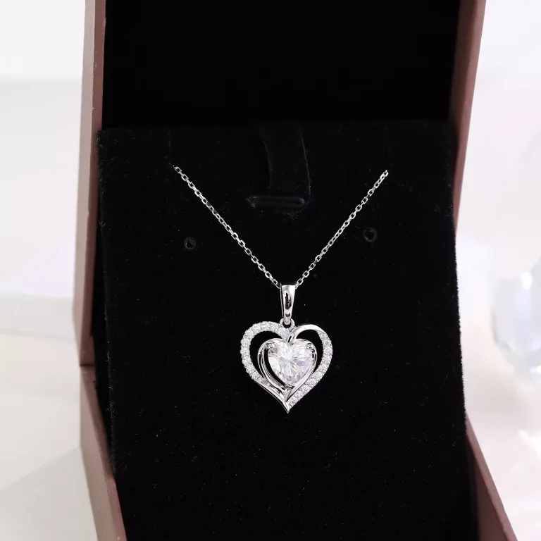 Heart and Round Cut Moissanite Double Heart Halo Pendant (Pendant Only)
