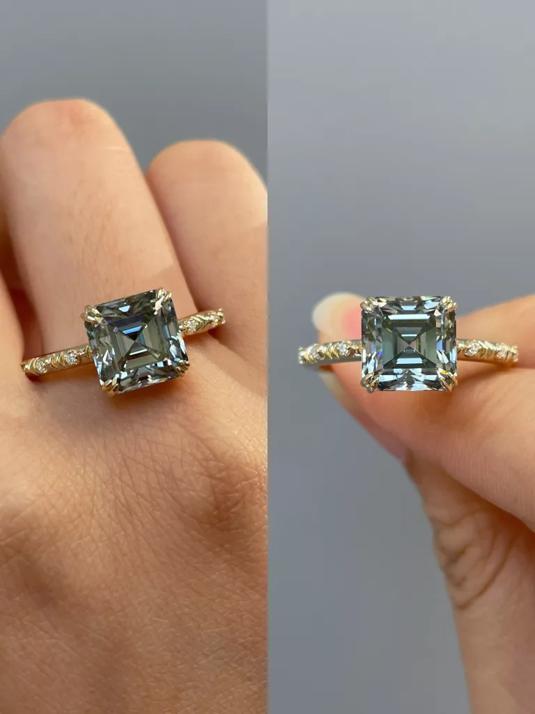 Asscher Cut Black Moissanite Ring Hidden Halo Moissanite Accent
