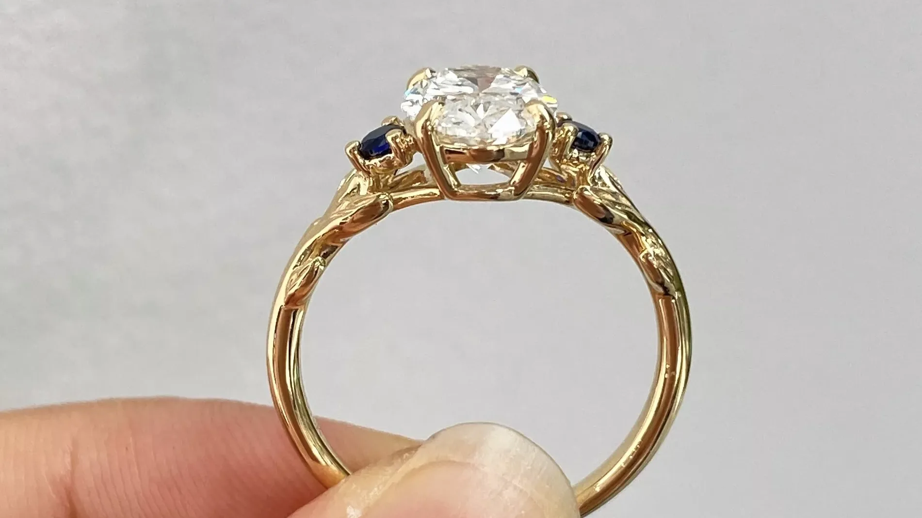 Oval Cut Lab Diamond Vintage Ring Lab Sapphire Accent Sculptural Style