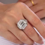 Emerald and Round Cut Moissanite Ring Wide Band Architectural Style