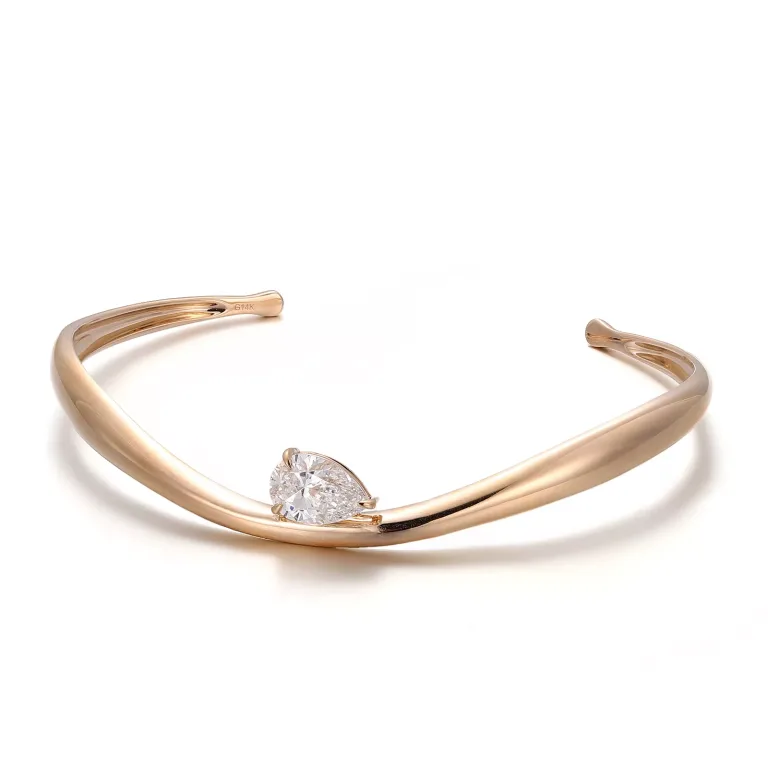 Modern Sculptural Pear Cut Moissanite Solitaire Open Cuff Bangle Bracelet