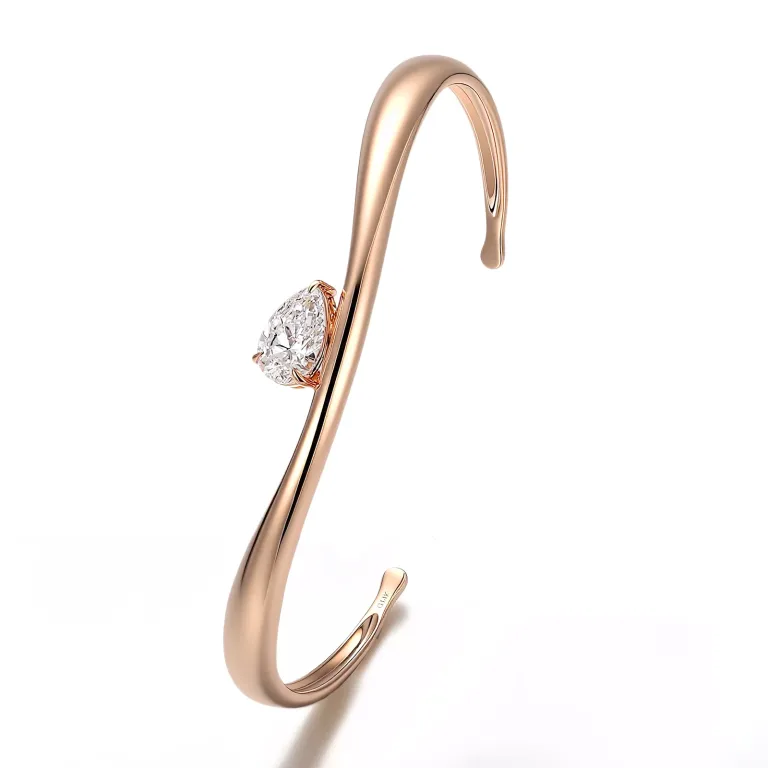 Modern Sculptural Pear Cut Moissanite Solitaire Open Cuff Bangle Bracelet