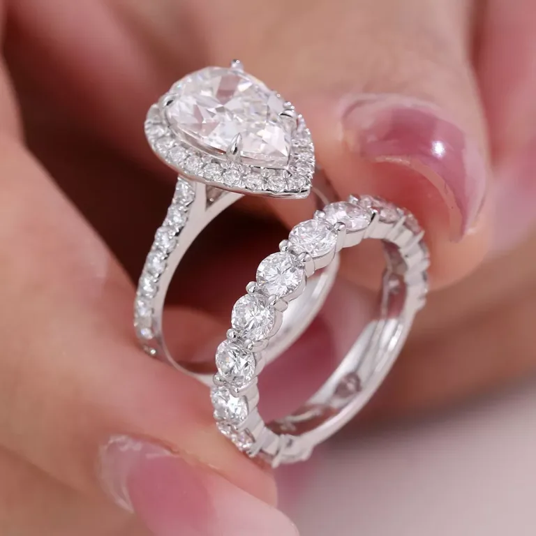 Pear Cut Ring Set Round Cut Moissanite Accent Halo Bridal Style