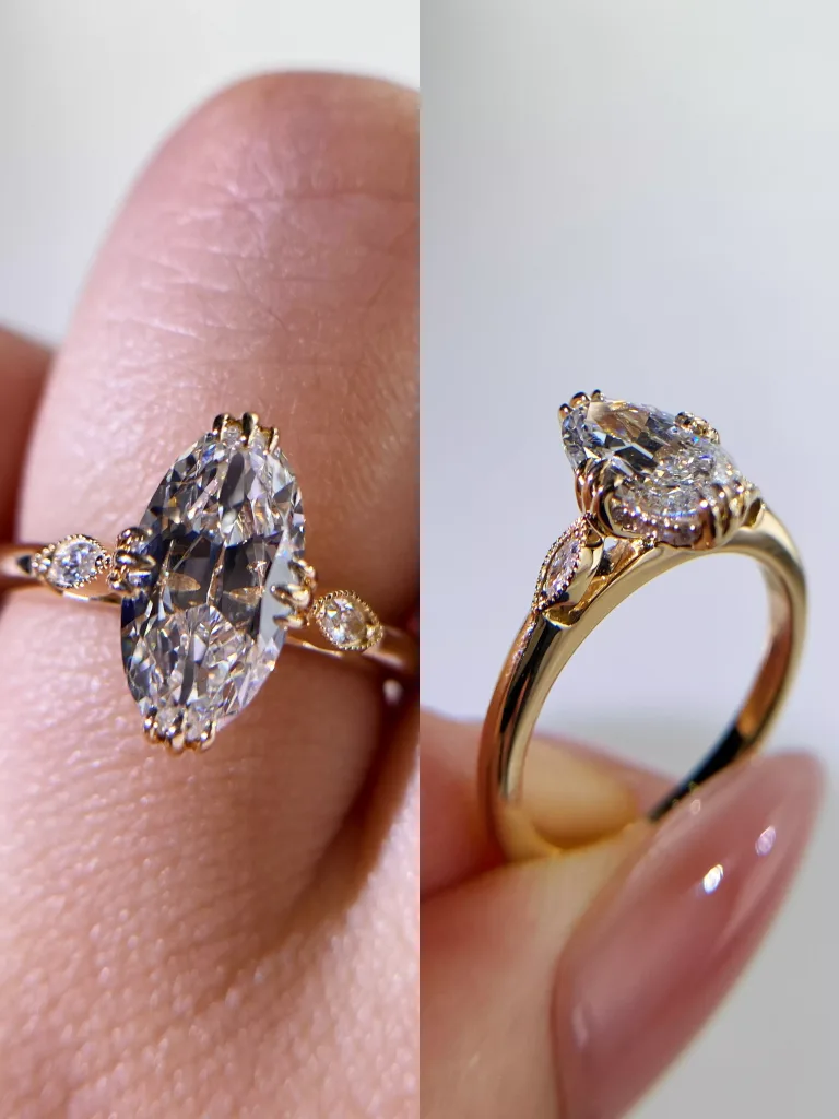 Oval Cut Lab Diamond Ring 14K Yellow Gold Marquise Accent