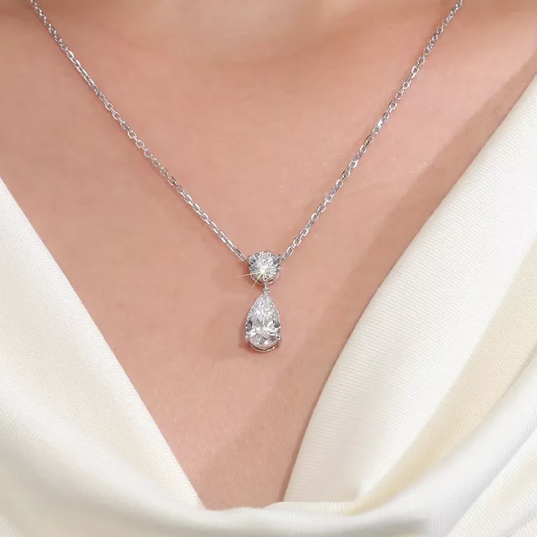 Round and Pear Cut Moissanite Two Stone Drop Pendant (Pendant Only)