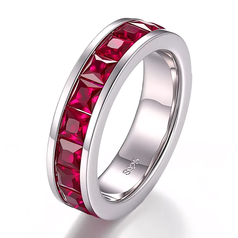Princess Cut Lab Ruby Eternity Ring Channel Set Modern Wedding Band