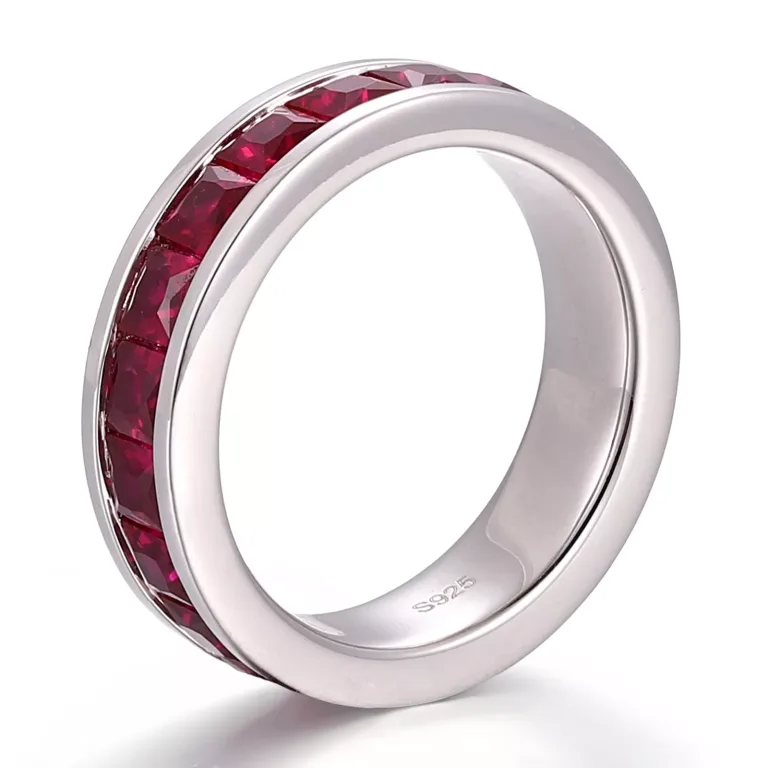 Princess Cut Lab Ruby Eternity Ring Channel Set Modern Wedding Band