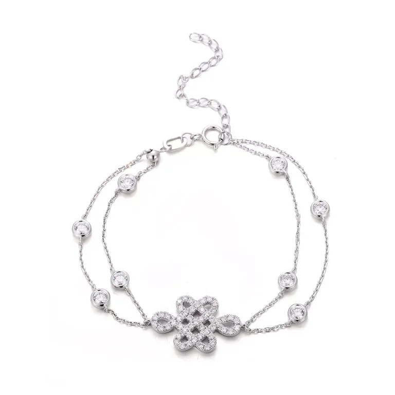 Round Cut Moissanite Double Chain Bracelet Paved Motif Station Design
