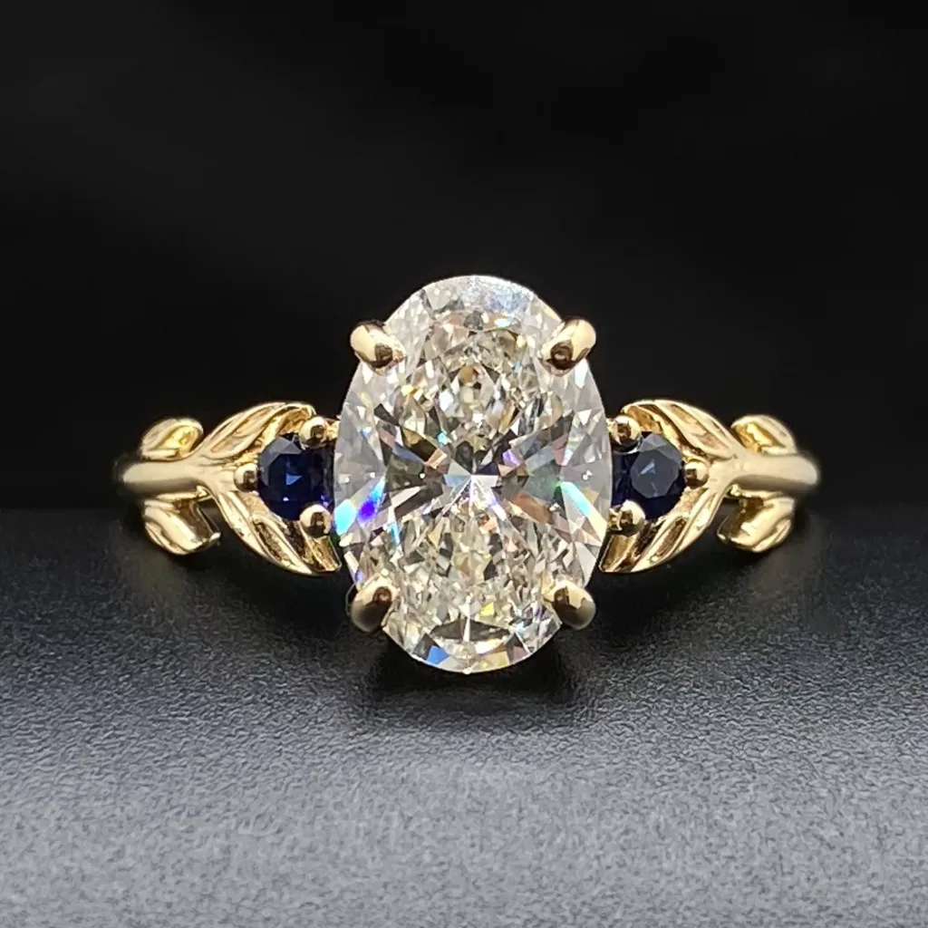Oval Cut Lab Diamond Vintage Ring Lab Sapphire Accent Sculptural Style