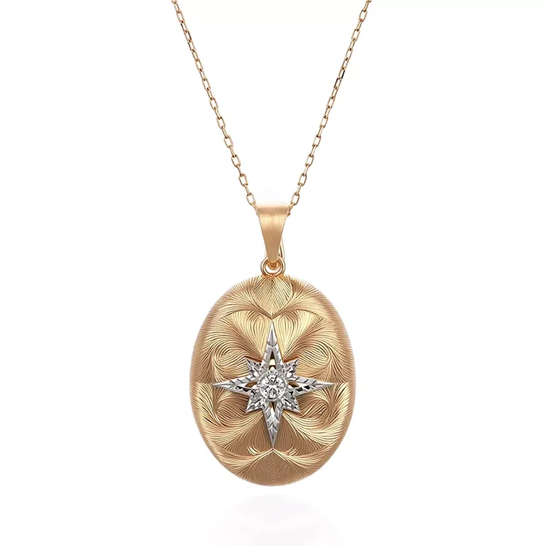 Round Cut Diamond Pendant Necklace Vintage Oval Starburst Locket Motif