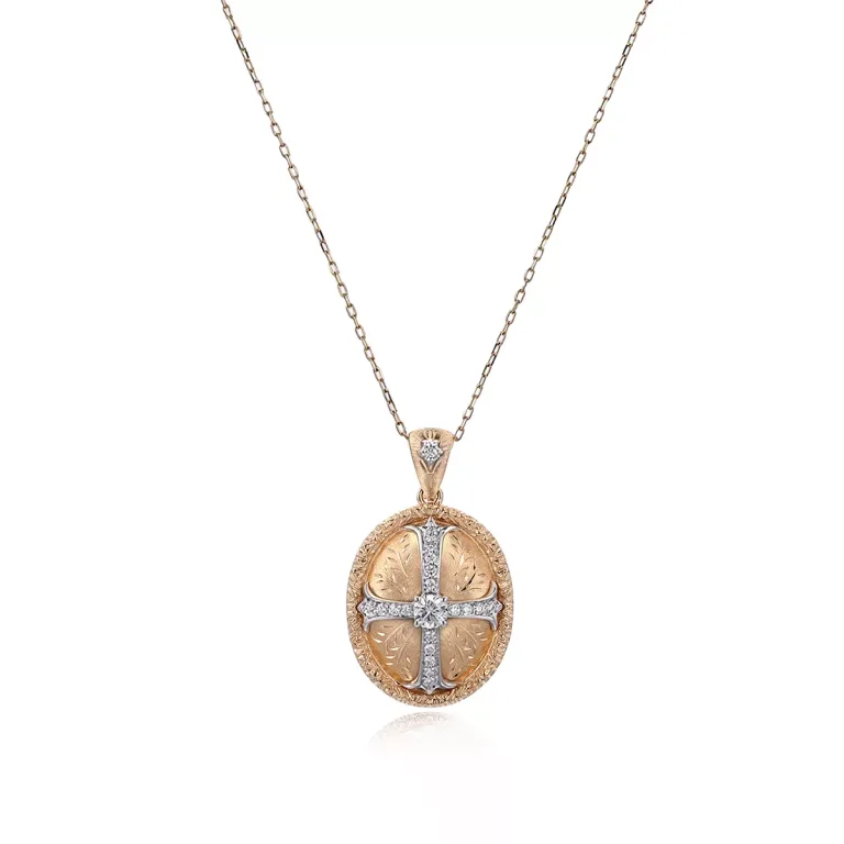 Round Cut Diamond Pendant Necklace Vintage Cross Medallion Motif