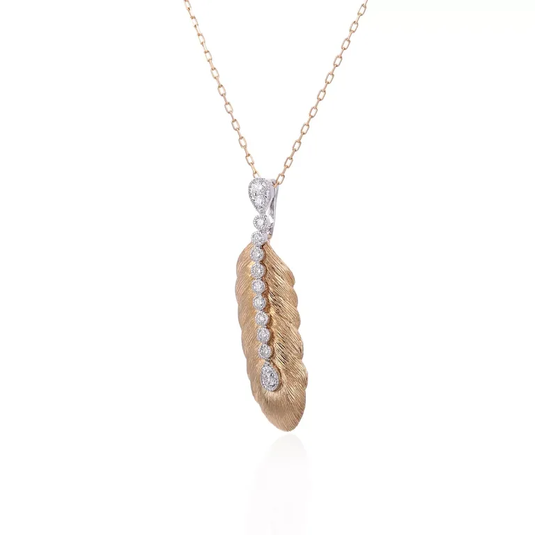 Round Cut Diamond Pendant Necklace Textured Feather Plume Motif