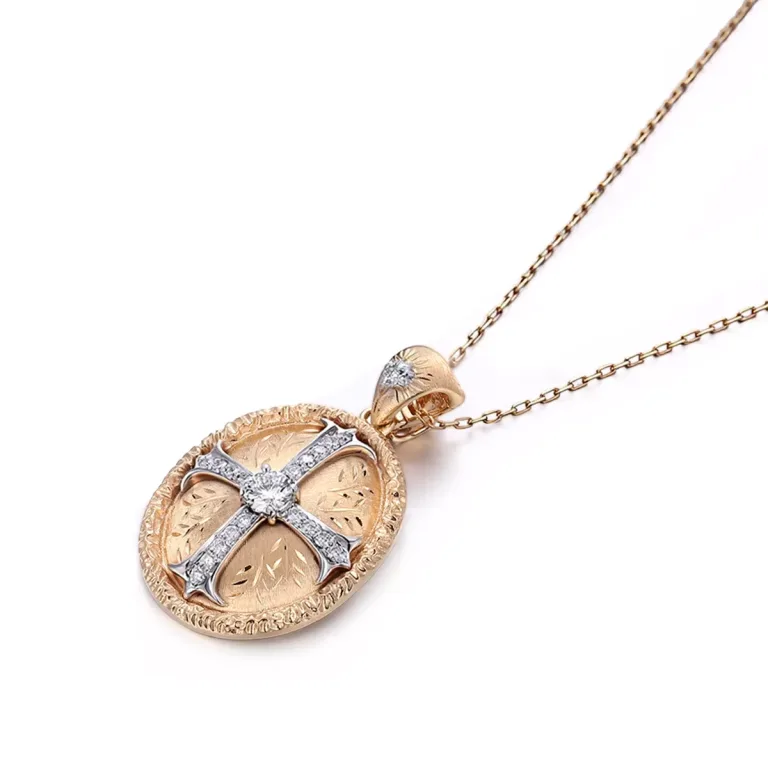 Round Cut Diamond Pendant Necklace Vintage Cross Medallion Motif