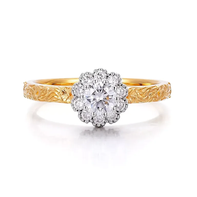 Round Cut Lab Diamond Halo Ring Vintage Scalloped Engraved Band