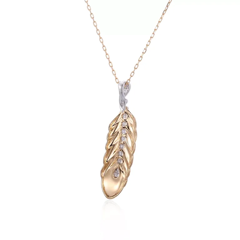 Round Cut Diamond Pendant Necklace Textured Feather Plume Motif