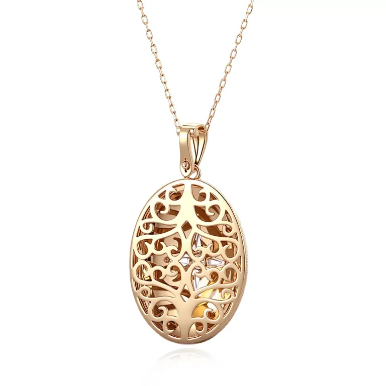Round Cut Diamond Pendant Necklace Vintage Oval Starburst Locket Motif