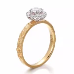 Round Cut Lab Diamond Halo Ring Vintage Scalloped Engraved Band