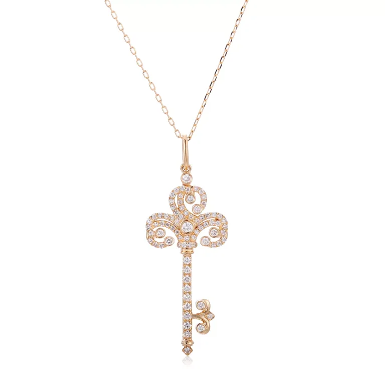 Round Cut Lab Diamond Pendant Necklace Vintage Key Motif
