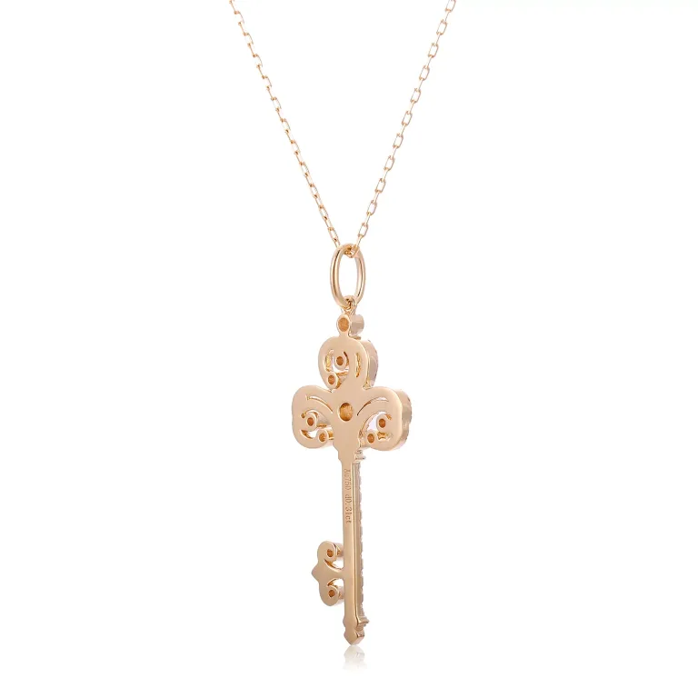Round Cut Lab Diamond Pendant Necklace Vintage Key Motif