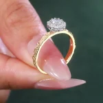 Round Cut Lab Diamond Halo Ring Vintage Scalloped Engraved Band
