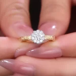 Round Cut Lab Diamond Halo Ring Vintage Scalloped Engraved Band