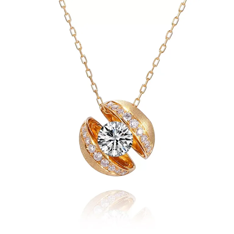 Round Cut Lab Diamond Pendant Necklace Stylized Shell Motif