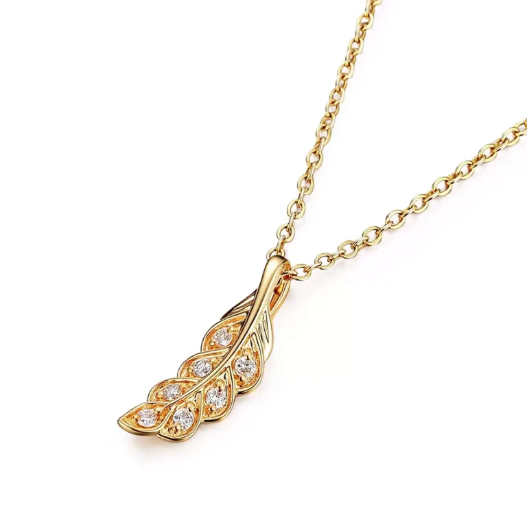 Round Cut Lab Diamond Pendant Necklace Paved Feather Plume Style