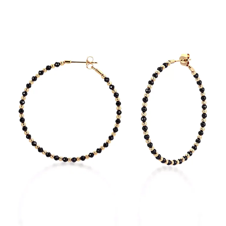 Black Spinel Beaded Hoop Earrings Faceted Gemstone Circle Style