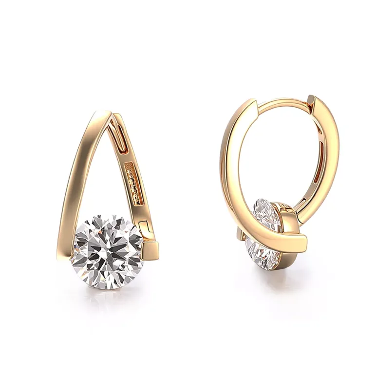 Round Cut Lab Diamond Earrings Geometric V-Shape Hoop Style
