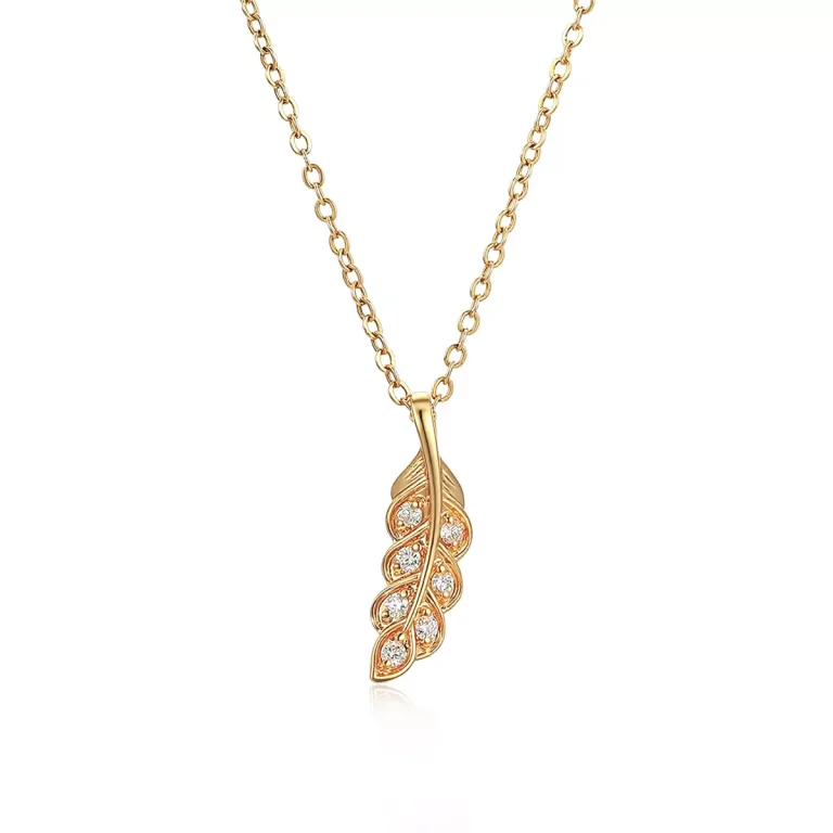 Round Cut Lab Diamond Pendant Necklace Paved Feather Plume Style