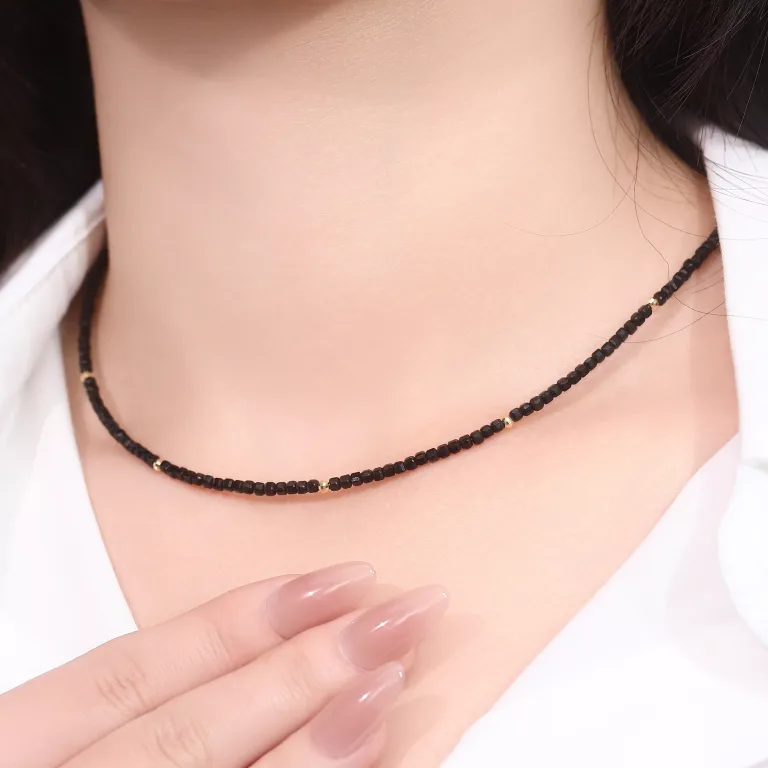 Black Tourmaline Beaded Necklace Faceted Gemstone Minimalist Style