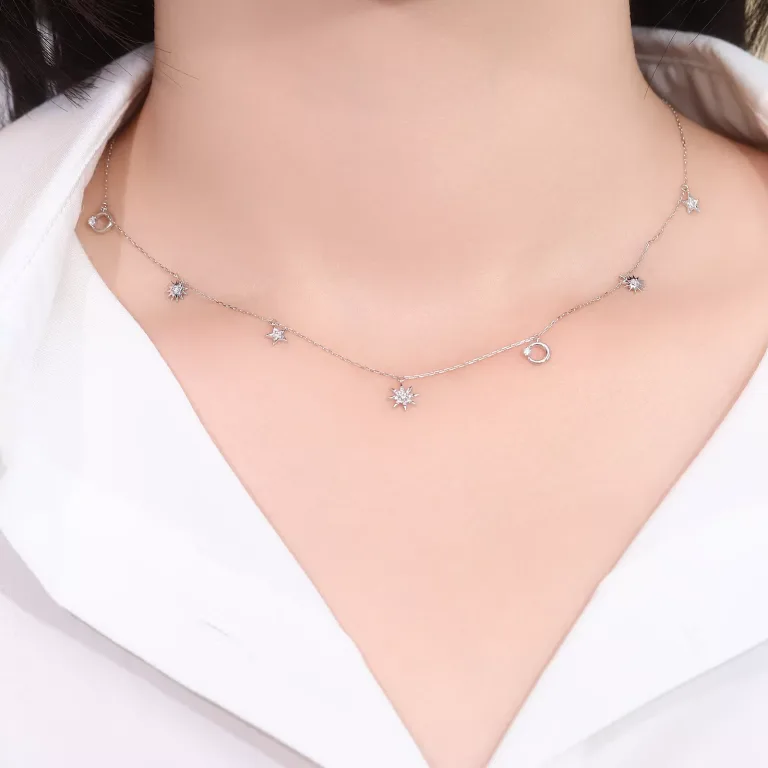 Round Cut Diamond Necklace Celestial Star Moon Station Style