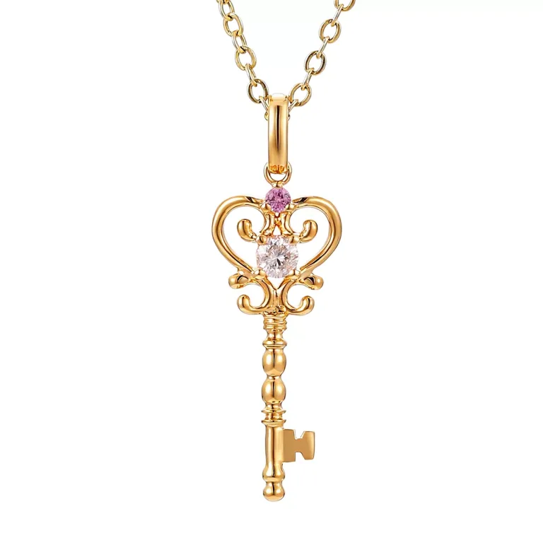 Round Cut Diamond Pendant Necklace Key Charm Colored Gemstone Accent
