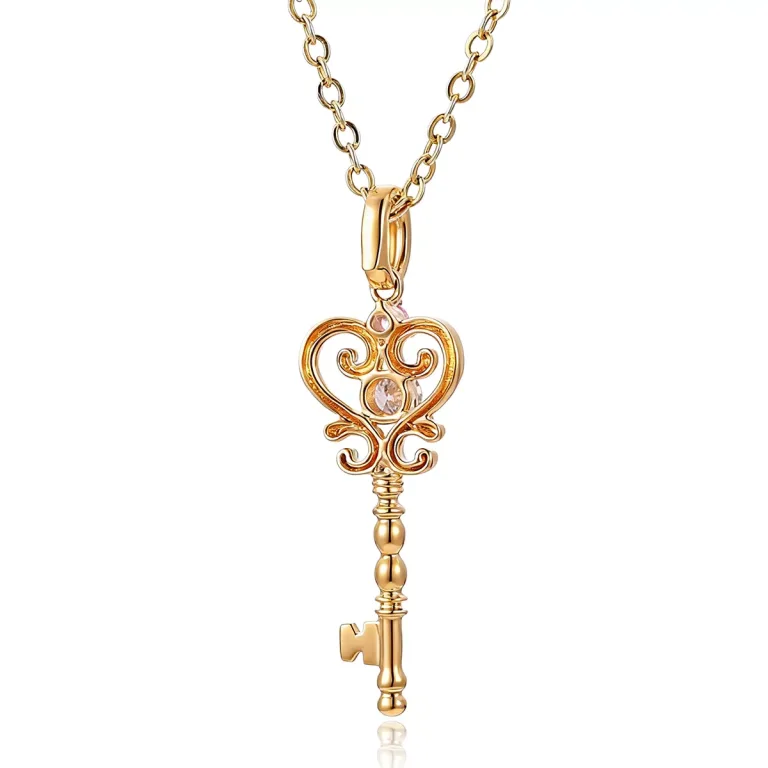 Round Cut Diamond Pendant Necklace Key Charm Colored Gemstone Accent