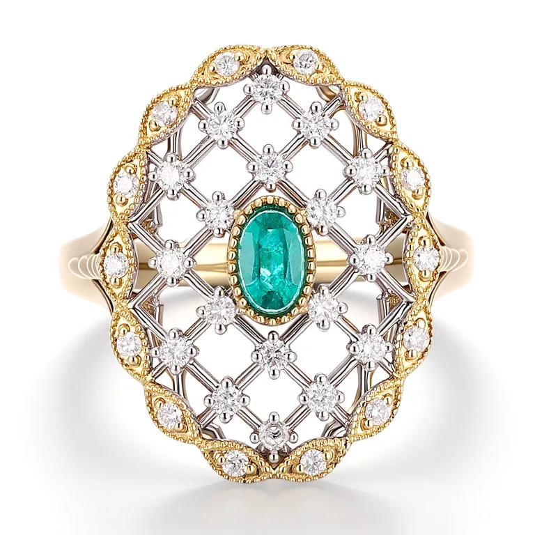 Oval Cut Emerald Ring Intricate Vintage Lattice Diamond Accents