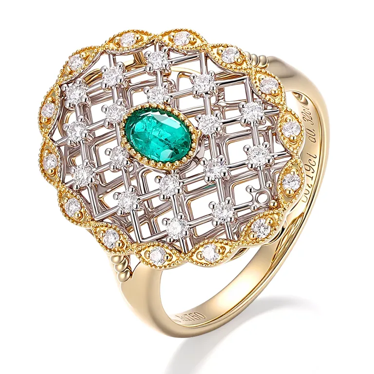 Oval Cut Emerald Ring Intricate Vintage Lattice Diamond Accents