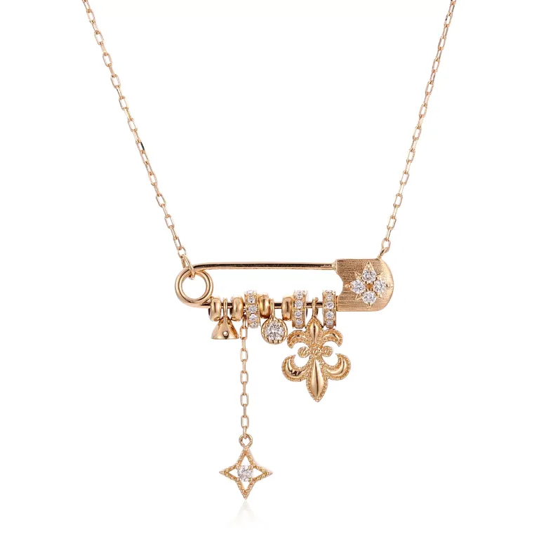 Round Cut Diamond Pendant Necklace Safety Pin Multi-Charm Style