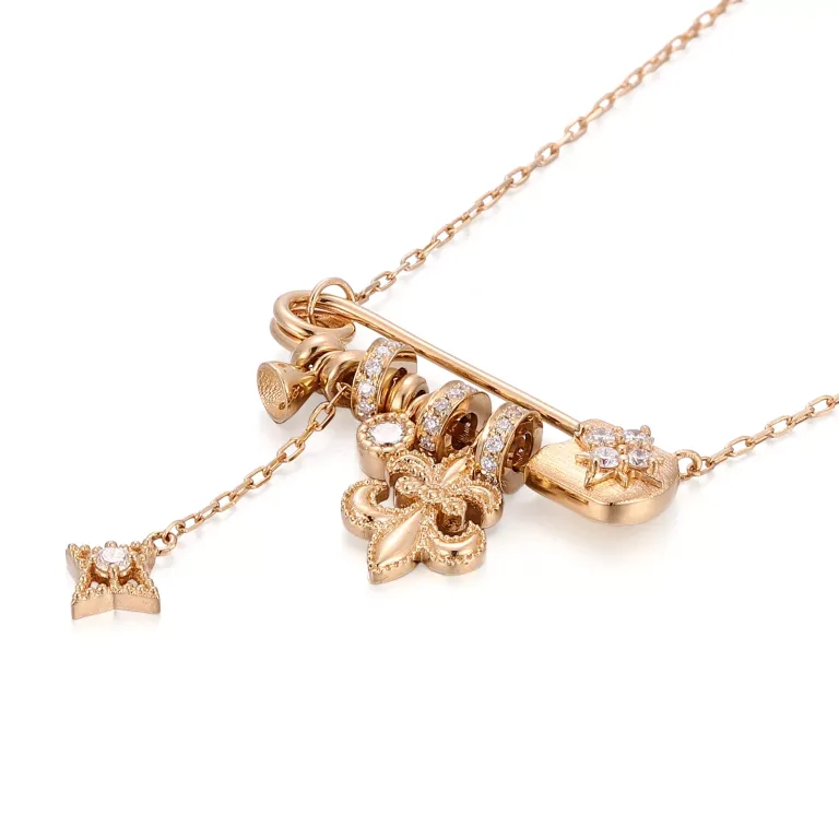 Round Cut Diamond Pendant Necklace Safety Pin Multi-Charm Style