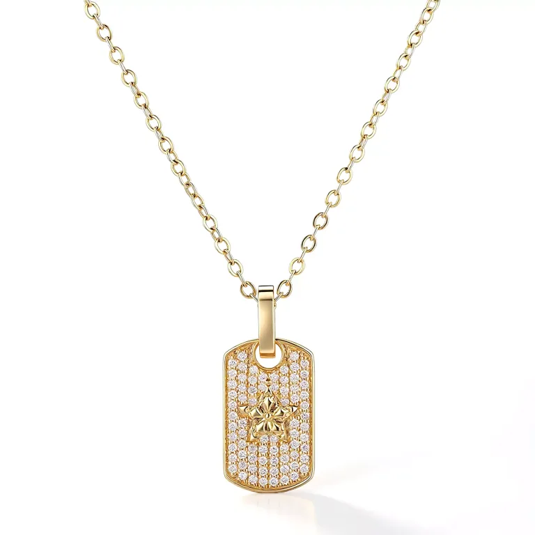 Round Cut Pendant Necklace Paved Star Dog Tag Charm Style