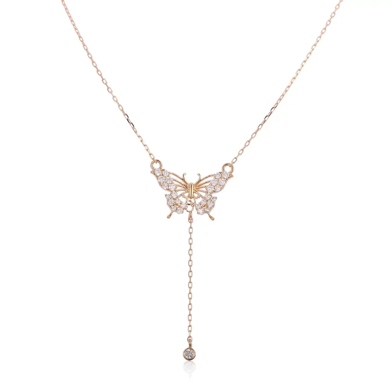 Round Cut Diamond Necklace Paved Butterfly Lariat Drop Style